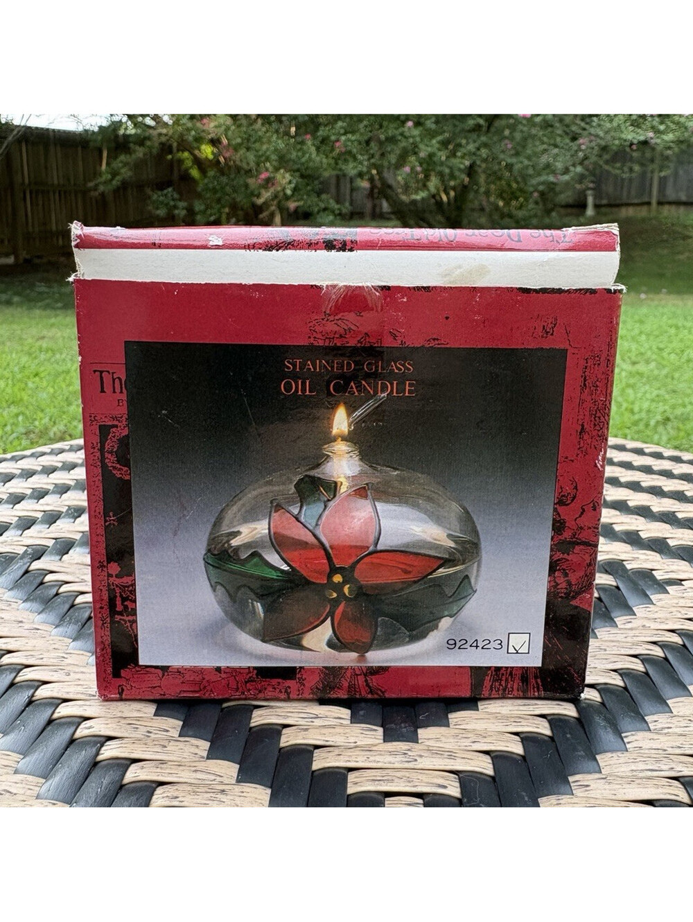 Stained Glass Christmas Oil Candle Round Clear Glass Decor HAS ORIGINAL BOX